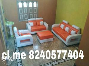 Orange-and-white Leather 3-piece Sofa Set