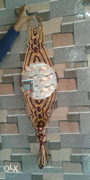 Round Mirror With Brown And Beige With Crochet Frame
