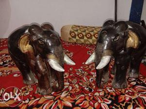 Two Brown Wood Carve Elephant Figures