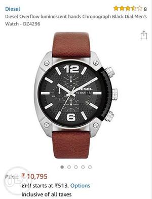 Round Black And White Chronograph Watch With Brown Leather