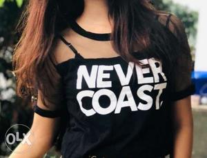 Women's Black Never Coast-printed Crop Top Shirt