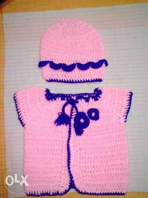 Baby's Pink Knitted Beanie And Vest