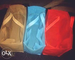 Brown, Blue, And Red Tote Bags