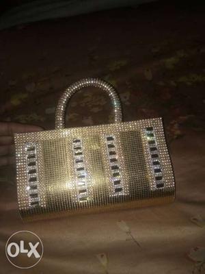 Clear Gemstone Jeweled Gray Leather Handbag