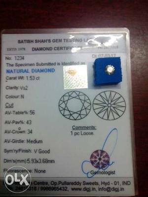 Diamond 1.53 carrat with certificate for 3 lacs