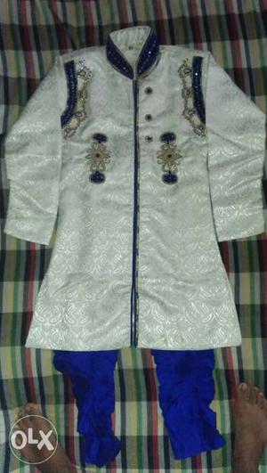 Men's White And Blue Sherwani Robe
