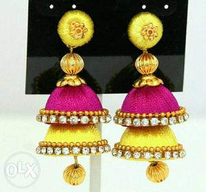 Pair Of Pink-and-yellow Silk Thread Jhumkas Earrings
