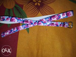 Pink, Blue, And White Floral Belt With Frame-style Buckle