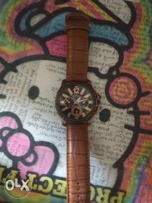 Round Brown Chronograph Watch With Brown Leather Strap