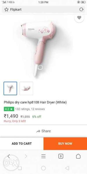 White And Pink Conair Hair Blower