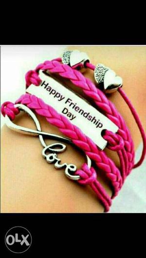 Pink And Gray Happy Friendship Day Bracelet
