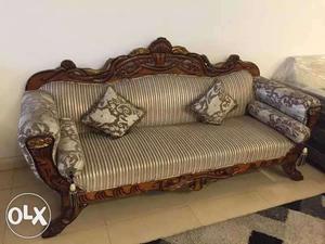 Sofa.Brown Wooden Framed Grey And Beige Striped Fabric Sofa