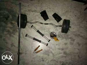 Ez Curl Barbell, Barbell Bar, Two Gray Dumbbell Bars And