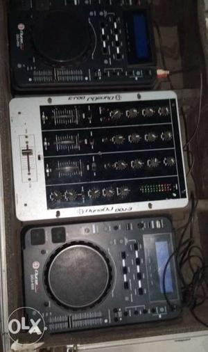 Grey And Black Audio Mixer And Two Black DJ Turntables