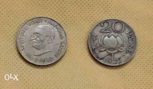 Two Round Silver-colored 20 India Paise Coins