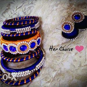 Brand new Royal blue, gold silk thread bangles and earrings