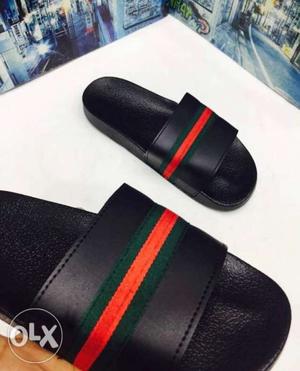 Pair Of Black-red-and-green Gucci Slide Sandals