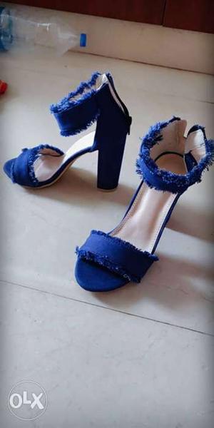 Pair Of Blue Chunk-heeled Slide Sandals