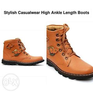 Pair Of Brown Leather Stylish Casual Wear High Ankle Length