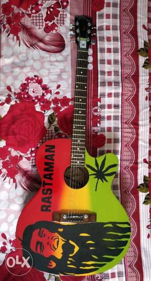 Red, Yellow, And Green Bob Marley Print Acoustic Guitar