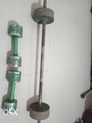 Two Green Fix Weight Dumbbells And Ray Barbell
