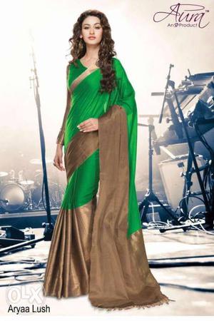 Women's Green And Brown Long-sleeved Gown With Text Overlay