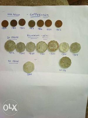 7 copper coin and 9 Aluminium coin. Indian paisa.