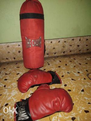 Red Punching Bag And Boxing Gloves