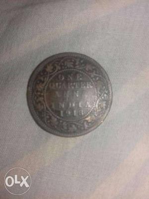 Round Copper 1 Quarter Indian Anna Coin