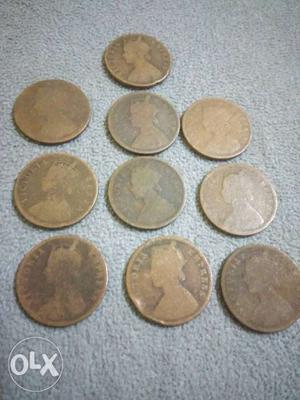 Total 10 Coins of Queen Victoria One Quarter Anna.