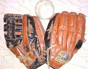 Two softball/baseball glove + softball combo..