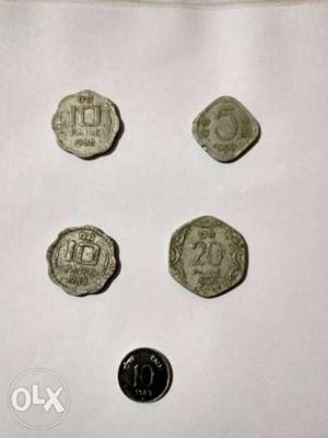 Five Silver-colored Indian Coins Collection