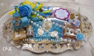 Oblong White And Gold Tray Party Favor With Text Overlay