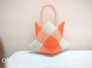 Orange And White Knitted Handbag