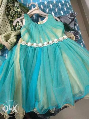 Women's Teal And White Sleeveless party Dress