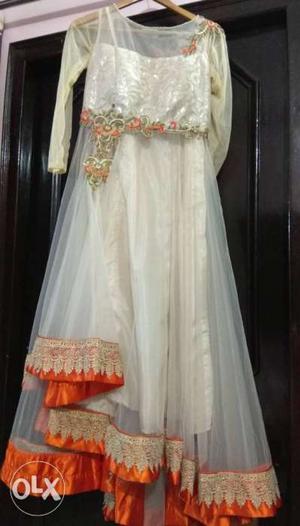 Women's White And Orange Long-sleeved designer dress