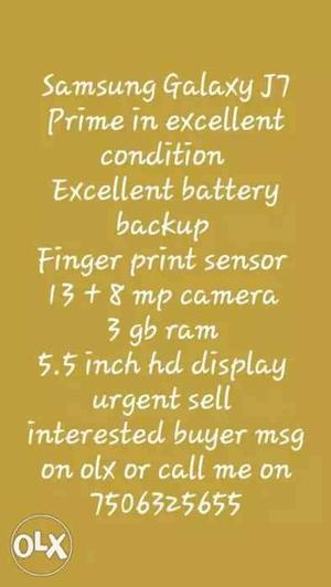 Samsung galaxy j7 prime in excellent condition 9 month used