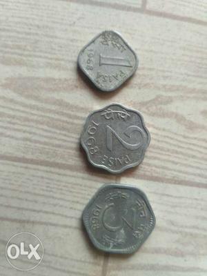 Three 1, 2, And 3 Indian Paise Coins same san 