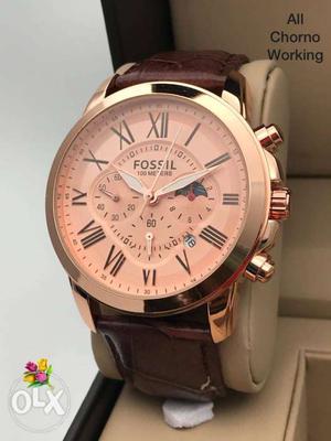 Fossil Round Rosegold colored Chronograph Watch With Leather