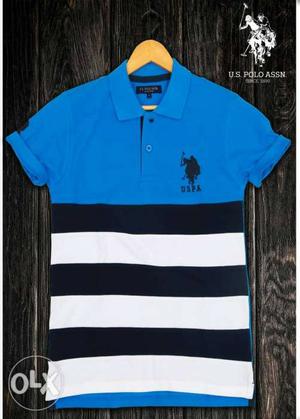 Blue, Black, And White Striped USPA Polo Shirt
