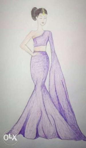 Handmade drawing of a girl in a beautiful purple