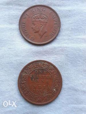 Two Round Copper 1 Quarter Indian Ana Coins