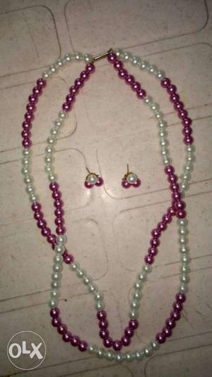 Beaded White-and-purple Necklace And Earrigs