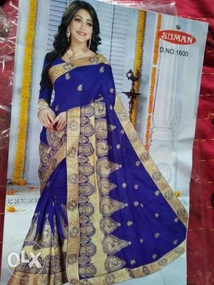 Golden Royal blue pure silk sari..
