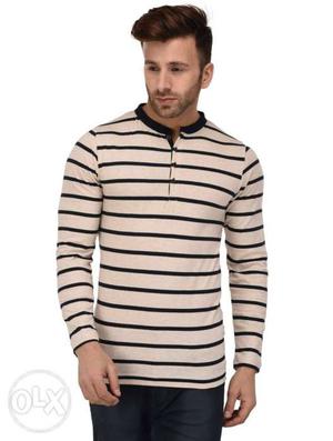 Men's Gray And Black Striped Long-sleeved Henley Shirt