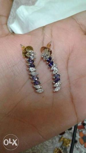 Pair Of Gold-colored Dangle Earrings With Blue-and-clear