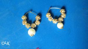 Pair Of Gold-colored-and-white Gemstone Earrings