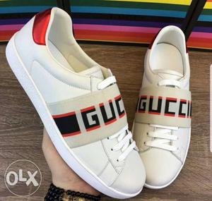 Pair Of White-red-and-black Gucci Low-top Sneakers