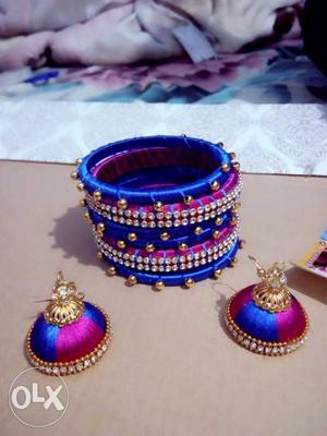 Purple And Blue Silk-thread Bangle And Pair Of Earrings