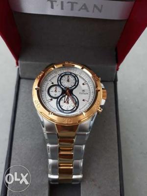 Round Gold Chronograph Watch With Link Bracelet